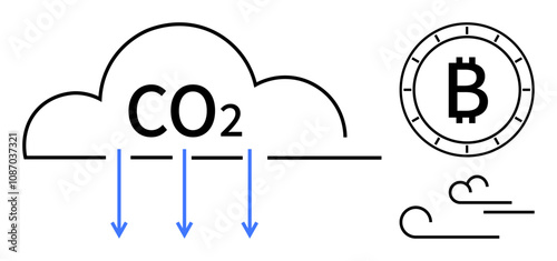 Cloud labeled CO2 emitting arrows downward. Bitcoin symbol next to flowing wind lines. Ideal for environmental awareness, cryptocurrency impact, carbon footprint, digital currency, climate change