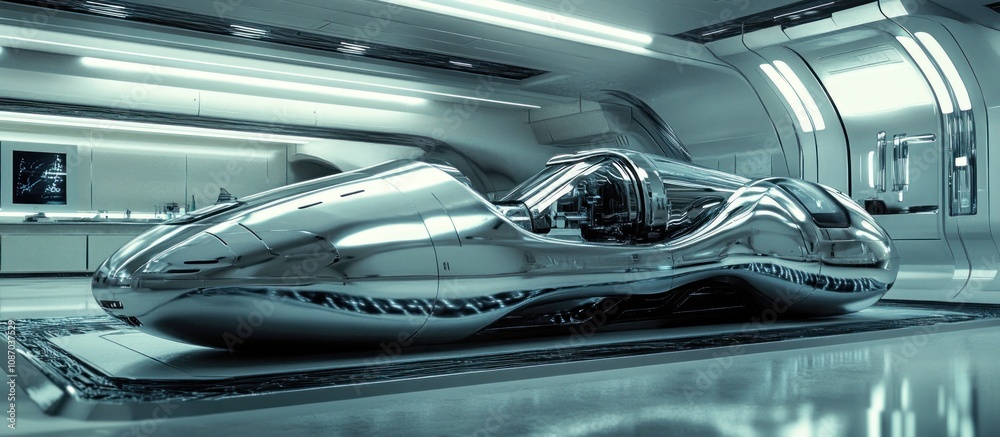 Fototapeta premium Futuristic silver race car in a modern garage.