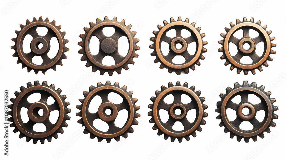 Eight Metallic Gears Arranged in Three Rows on a White Background, Showing Detailed Cogs and a Rusted Finish, Reflecting Industrial and Mechanical Themes. Eight Metallic Gears Arranged in Three Rows on a White Background, Showing Detailed Cogs and a Rusted Finish, Reflecting Industrial and Mechanical Themes.