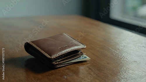 Kino Empty Wallet on Plain Table Under Daylight Sy A still life of a worn out brown leather wallet wooden background,