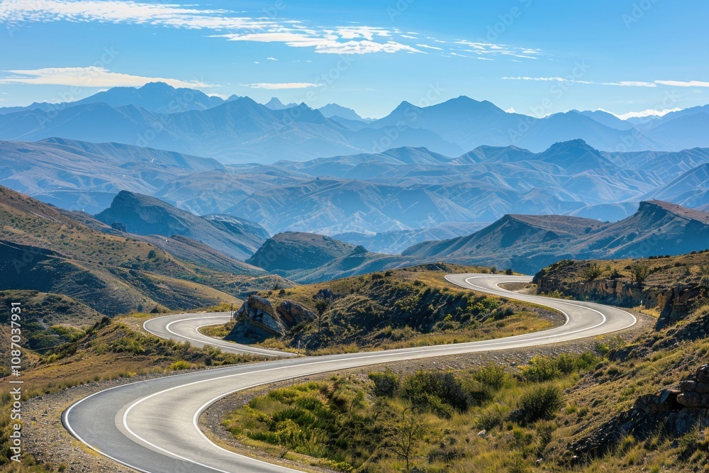 Naklejka premium Winding Road Winds Through Mountain Valley on Sunny Day
