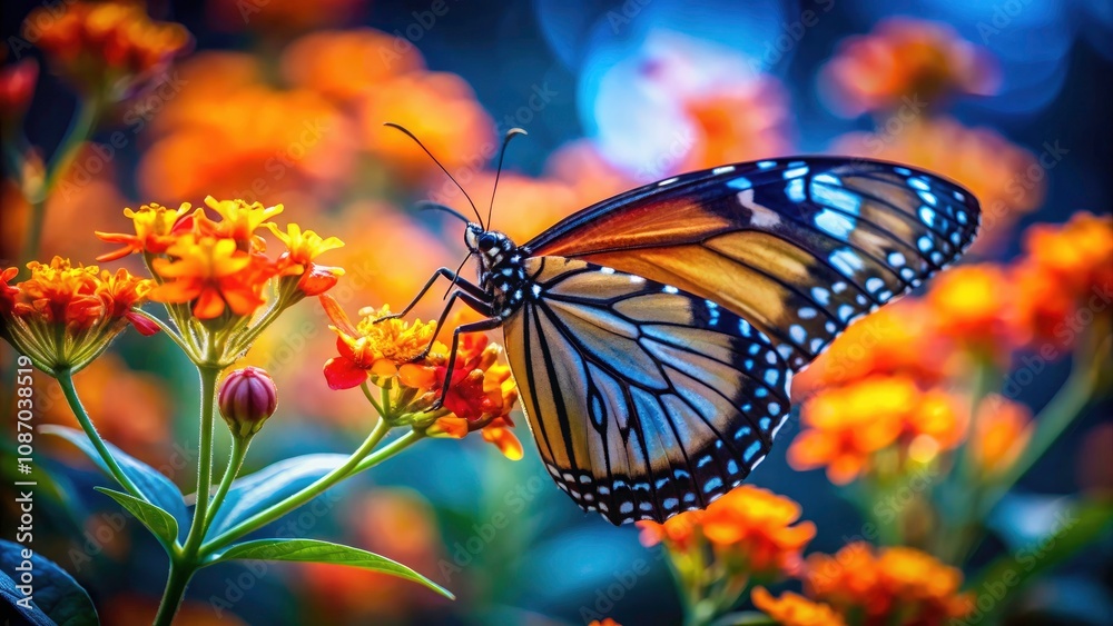 Close-up Silhouette of Butterfly on Lush Orange Flowers – Nature's Beauty in Contrast, Vibrant Flora with Delicate Insect, Macro Photography of Floral and Wildlife Harmony Close-up Silhouette of Butterfly on Lush Orange Flowers – Nature's Beauty in Contrast, Vibrant Flora with Delicate Insect, Macro Photography of Floral and Wildlife Harmony