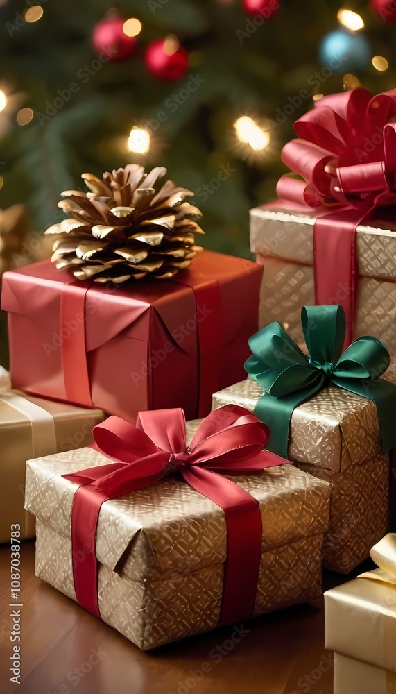holiday decorations with wrapped gifts, candles, and pinecones arranged near a Christmas tree holiday decorations with wrapped gifts, candles, and pinecones arranged near a Christmas tree