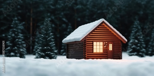 Cozy winter wonderland cabin: a romantic rustic retreat surrounded by snow-covered trees and serene landscapes.