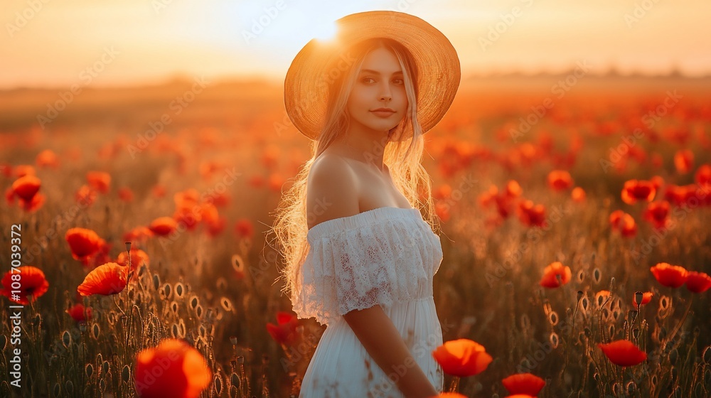 Blonde woman in white dress and hat standing in poppy field at sunset. Blonde woman in white dress and hat standing in poppy field at sunset.