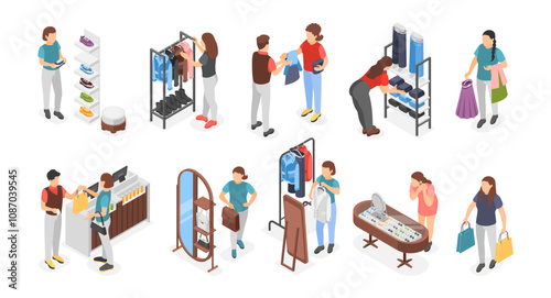 Isometric clothes customers. Apparel shoes and accessories in store. People buy sneakers skirt and bags. Clients and sellers, shopping flawless vector set