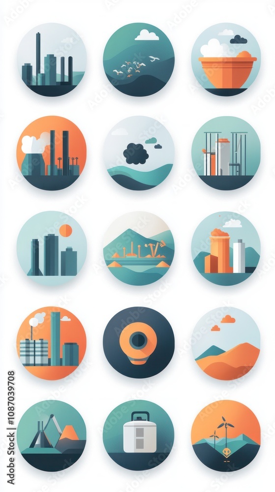 Circular Icons Depicting Industrial and Environmental Themes Circular Icons Depicting Industrial and Environmental Themes
