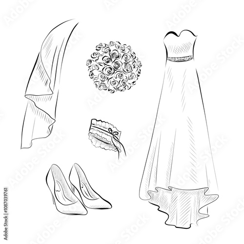 Line art. Bride outfit: dress, veil, shoes, bouquet, garter in line art style.