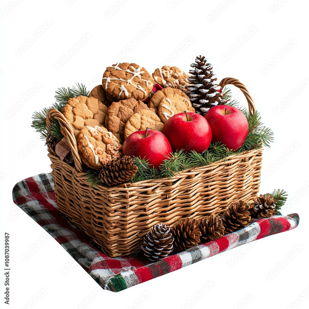 Basket filled with cookies, apples, and pinecones, isolated. Basket filled with cookies, apples, and pinecones, isolated.