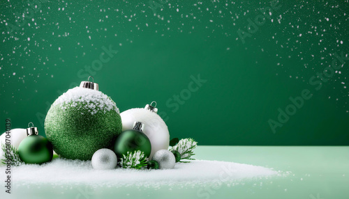 Zielone świąteczne tło bożonarodzeniowe. Stroik świąteczny. Bombki choinkowe, ilustracja