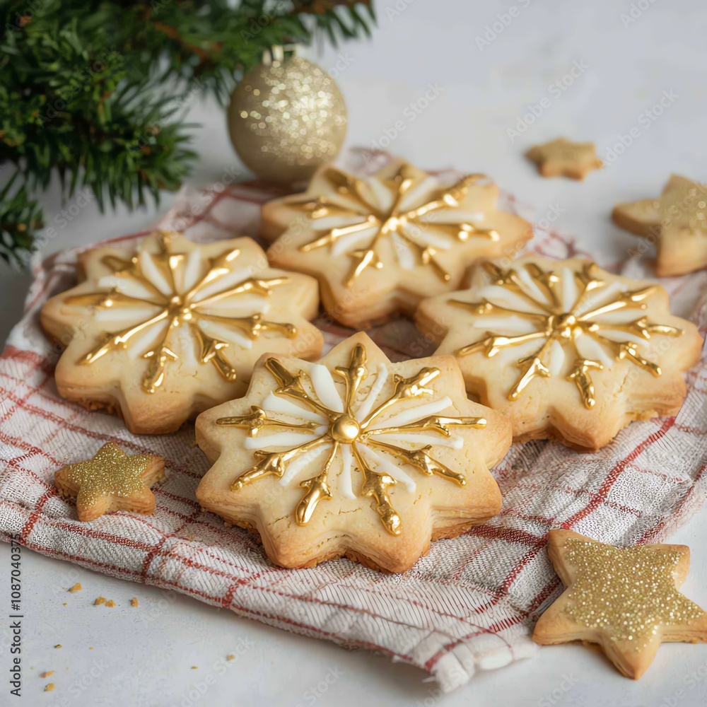 Decorative snowflake cookies on a checkered cloth. Decorative snowflake cookies on a checkered cloth.