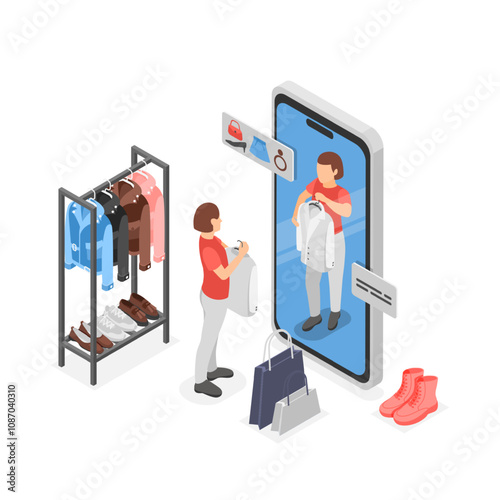 Isometric online shopping. Girl fitting and choose new fashion outfits in digital apparel boutique. E-commerce, shop in smartphone, flawless vector concept