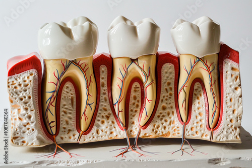 Dental implant, artificial tooth roots into jaw, root canal of dental treatment, gum disease, teeth model.