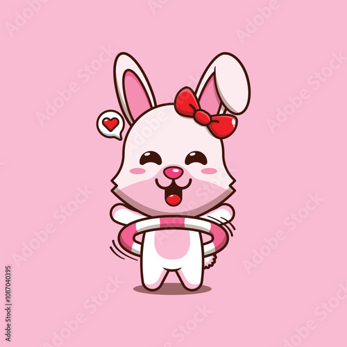 Cute bunny playing hula hoop cartoon vector illustration.