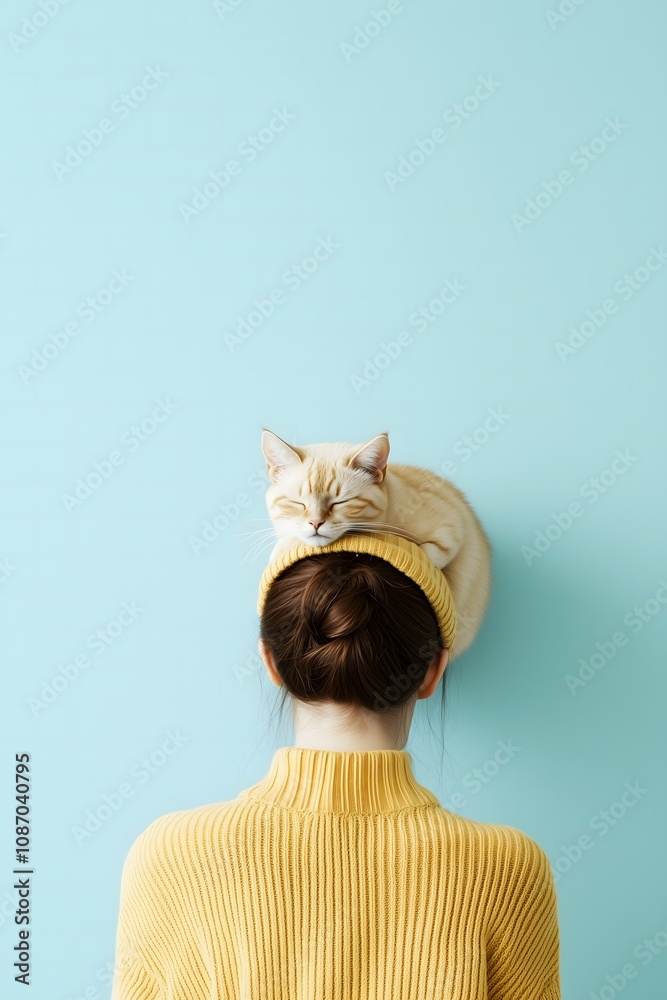 An orange cat sleeps on a woman's head who's wearing a yellow sweater and hat from behind on a pastel blue background. This is a minimalistic, serene, and peace concept.