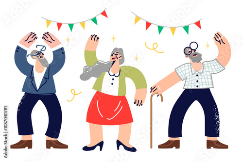 Party of elderly people celebrating friend anniversary, for concept of happiness from retirement