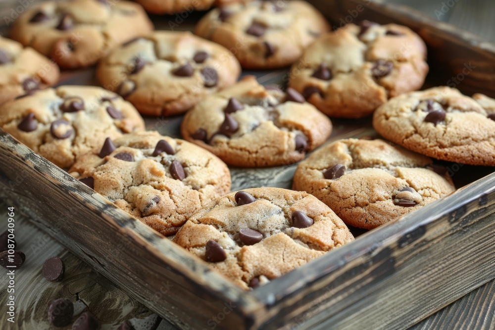 Chocolate Chip Cookies Baked Freshly in Wooden Tray with Chocolate Chips