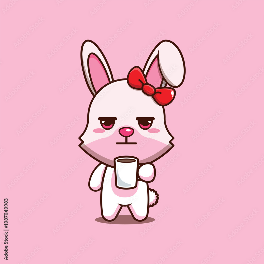 Cute bunny is tired and sleepy holding coffee cartoon vector illustration. Cute bunny is tired and sleepy holding coffee cartoon vector illustration.