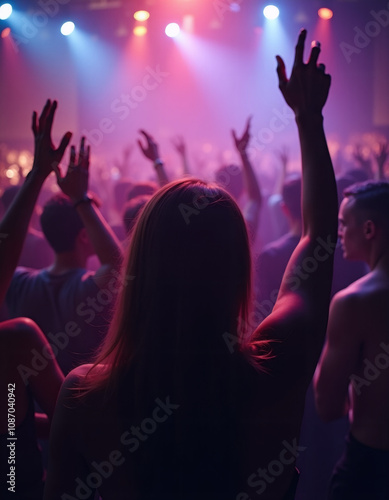 night club, crowd of men and women are dancing, hands up