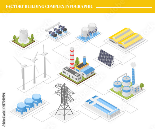 Isometric factory buildings complex. Modern industrial system infographic. Web of warehouse, water purification system, power plant, flawless vector scene