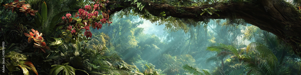 Fototapeta premium Hanging Vine Garden: A view of delicate orchids and ferns adorning the branches of a large tree in the rainforest.