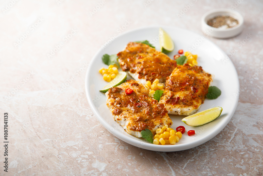 White fish fillet with pepper paste and corn White fish fillet with pepper paste and corn