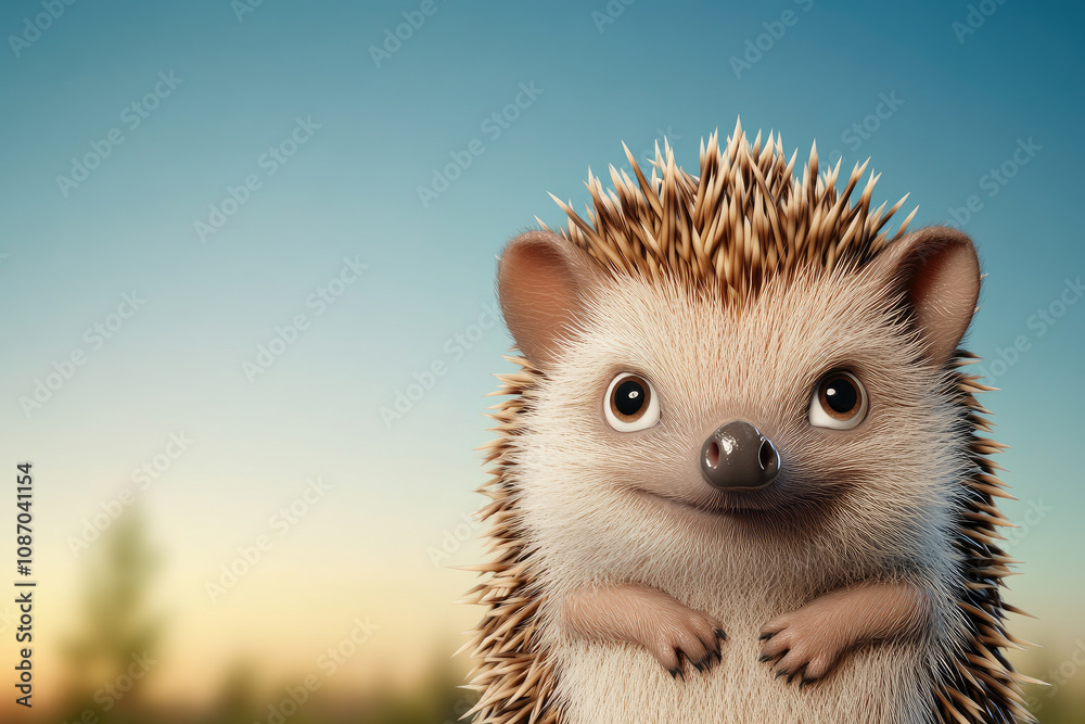 Obraz premium Amusing Hedgehog in Playful Pose, vibrant 3D illustration, whimsical character design, engaging foreground, ample space for text integration.