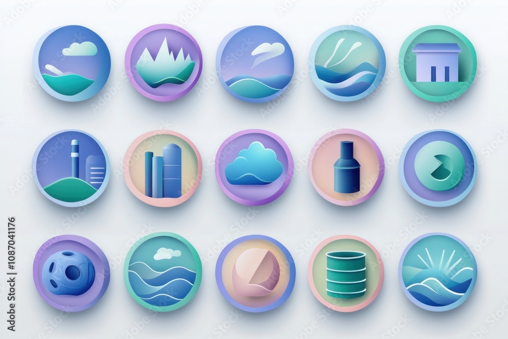 A Collection of Circular Icons Depicting Various Objects and Scenes A Collection of Circular Icons Depicting Various Objects and Scenes