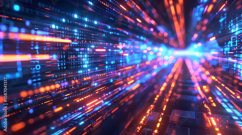 Abstract 3D Digital Data Stream: Binary Code Speeds Through Neon-Lit Cyberspace, Futuristic Technology Background