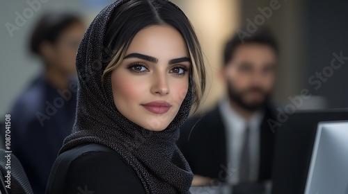 A young woman with a hijab and a man with a beard, both professionals in a tech office, collaborating on a project with diverse team members in the background, symbolizing gender and cultural 