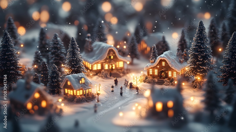Fototapeta premium Idyllic New Year’s Eve Scene in Glass: A Photorealistic Winter Village with Cozy Huts, Snow-Covered Trees, and Bright Holiday Lights for a Magical Celebration