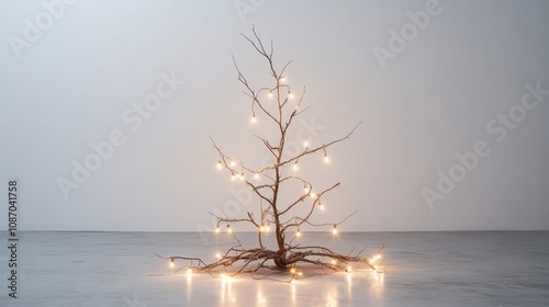 chrsitmas tree branch with lights against white background photo