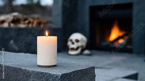 Close-up of a lit candle on a stone ledge with a blurred background featuring a skull and a fireplace with burning logs. photo