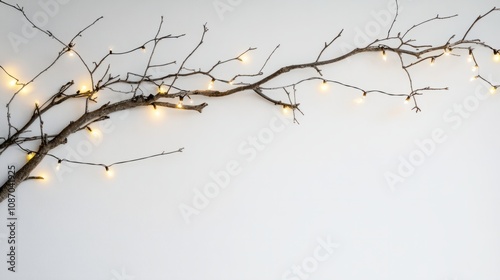 chrsitmas tree branch with lights against white background photo