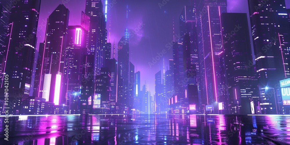 Fototapeta premium Futuristic city skyline with violet and chartreuse neon lights. Night scene with advanced skyscrapers. 3D Render.