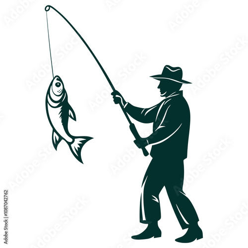 Fisherman Catching Fish Silhouette Vector.