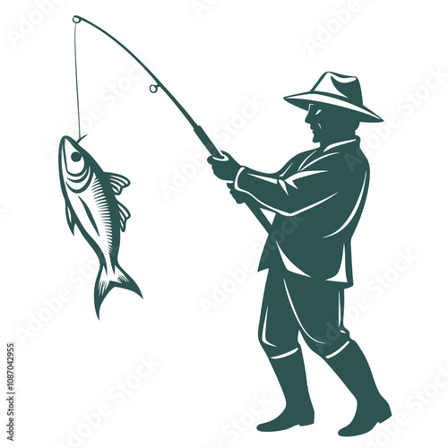 Fisherman Catching Fish Silhouette Vector.