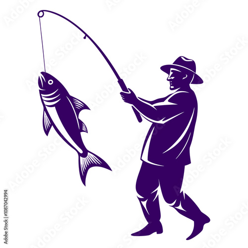 Fisherman Catching Fish Silhouette Vector.