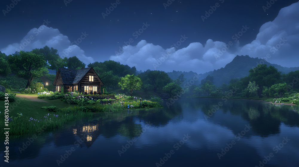 A serene night scene featuring a cozy cabin by a tranquil lake, surrounded by lush greenery and mountains under a starry sky. A serene night scene featuring a cozy cabin by a tranquil lake, surrounded by lush greenery and mountains under a starry sky.