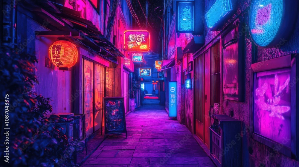 Fototapeta premium Vibrant neon-lit alleyway at night, showcasing Asian-inspired architecture, signage, and lanterns.