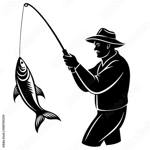 Fisherman Catching Fish Silhouette Vector.