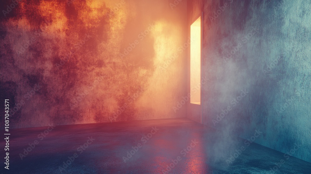 Obraz premium Smoky, dimly lit interior corner with contrasting warm and cool tones, featuring a glowing rectangular opening.