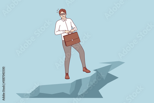 Challenge for business man standing at edge of abyss, blindfolded, and in need of help of guide. Problem of commercial helplessness and lack of information to overcome challenge or crisis