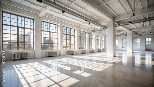 Sunlit White Studio Space with Gentle Window Shadows for Urban Exploration Photography, Showcasing Minimalist Design, Natural Light, and Spacious Aesthetics