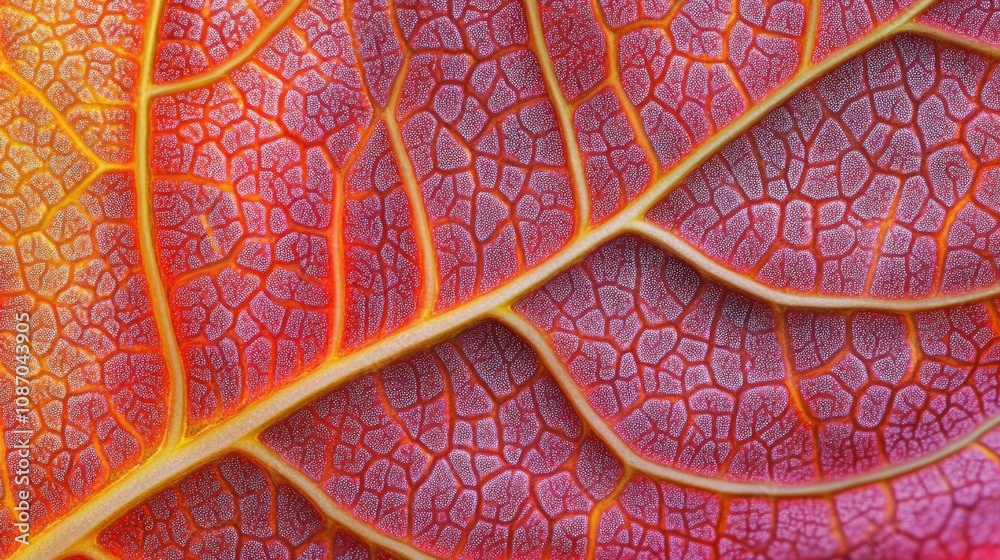 Obraz premium Close-up of a vibrant red and orange leaf's intricate vein structure.