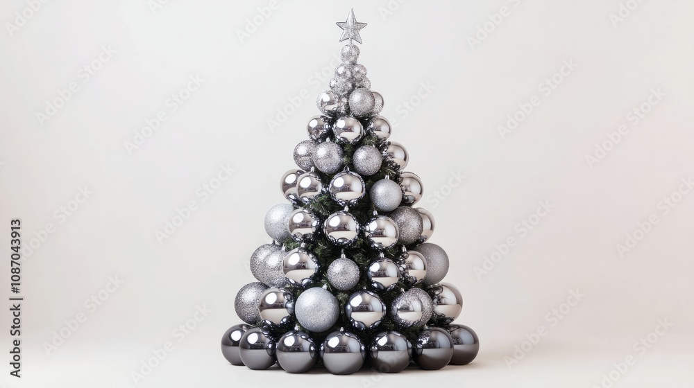 3d rendered white snowy chrsitmas tree with silver vibrant balls against white background 3d rendered white snowy chrsitmas tree with silver vibrant balls against white background