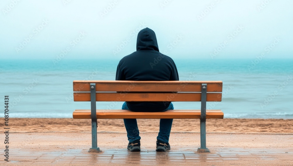 Man sitting on bench wearing black hoodie and jeans, facing away Man sitting on bench wearing black hoodie and jeans, facing away