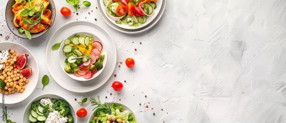 Image shows colorful vegetable salads with broccoli, tomatoes, tofu, nuts, and more on a white table. Image shows colorful vegetable salads with broccoli, tomatoes, tofu, nuts, and more on a white table.