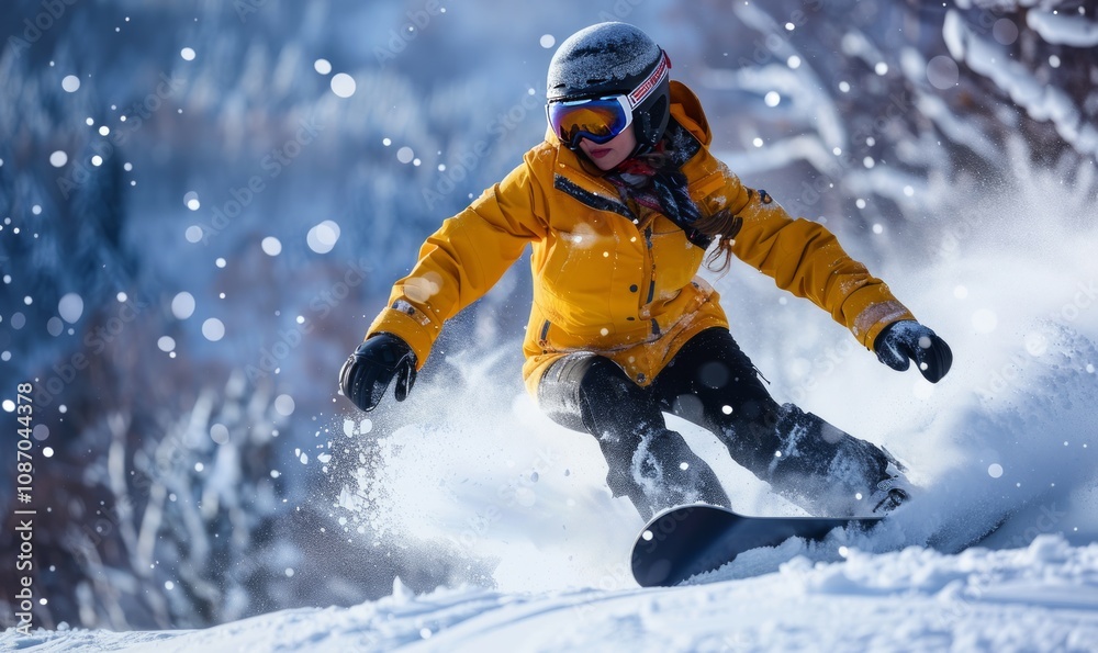 Woman in a bright yellow jacket carving turns on her snowboard. 4K hyperrealistic photo