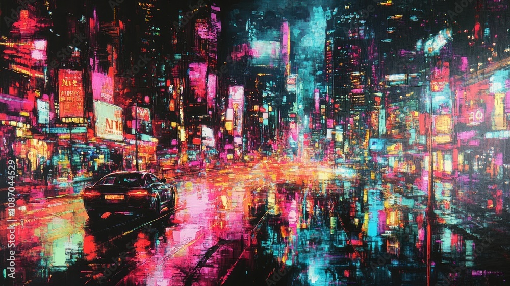 Obraz premium Vibrant nighttime cityscape with car, neon lights, and rain reflecting on wet streets.